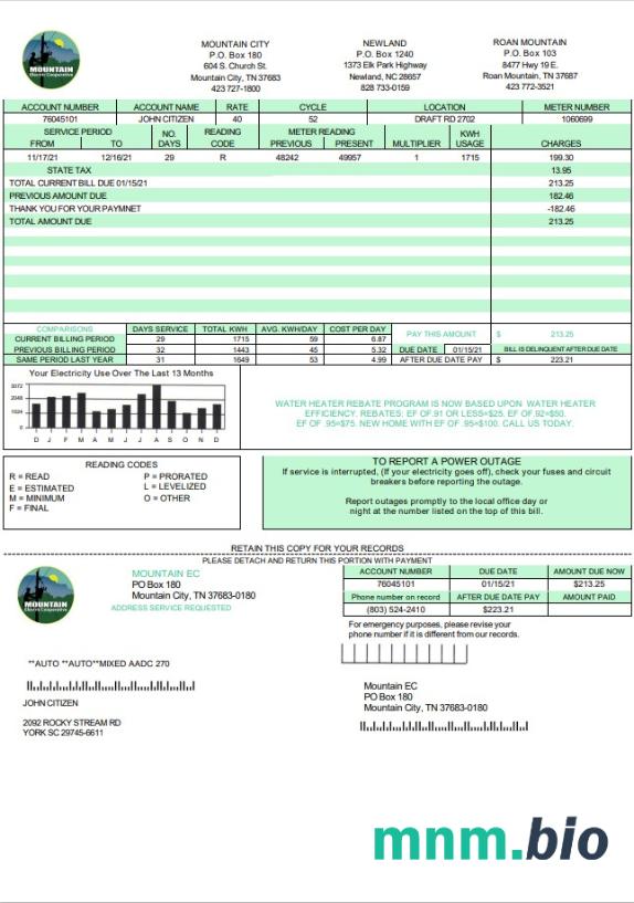 USA Tennessee Mountain Electric Cooperative, Inc. (MEC) szablon rachunku za media w formacie Word i PDF
